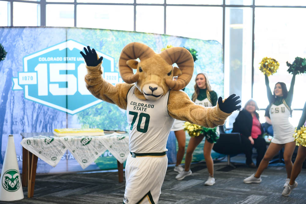 Cam the Ram Human mascot at CSU's 150th birthday party